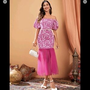 Pink Off-Shoulder Dress with Tulle Skirt